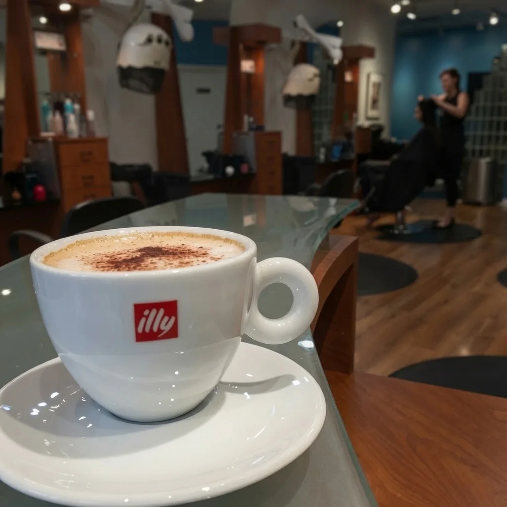 A fresh illy cappuccino on the salon counter, styling stations behind