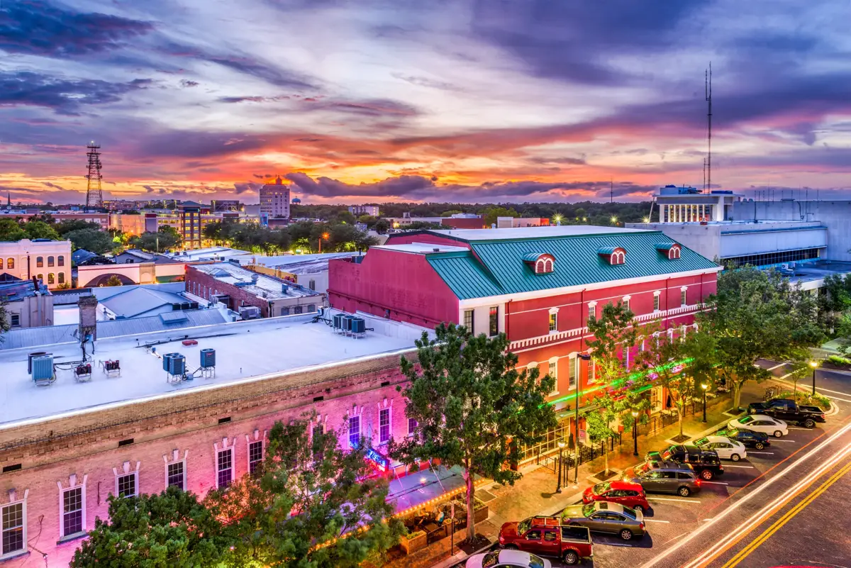 Downtown Gainesville at dusk, near Ciao Bella Salon