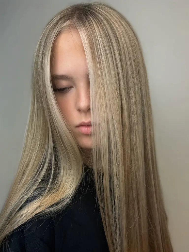 Long sleek blonde hair with bright face-framing highlights, styled at Ciao Bella Salon